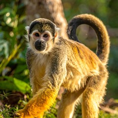 Obraz premium Squirrel Monkey Stares Intently in the Amazon Rainforest.