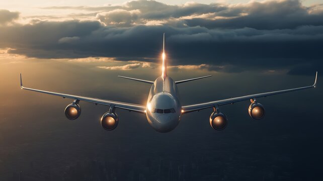 Airplane flying through sunset clouds, commercial aircraft in flight, silver plane soaring through sky, aerial view of jet