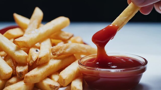 Hand Dipping Crispy French Fries Into Ketchup in Slow Motion
