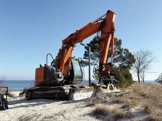 A large orange crawler excavator sits on a sandy beach dune with pine trees and clear blue sky in the background, suggesting coastal construction or erosion control work