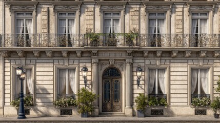 Fototapeta premium Elegant Parisian facade featuring a stone building, ornate balconies, windows with curtains, plants, and street lamps