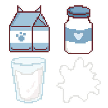 Dairy milk pixel art icon set with carton bottle and liquid splash