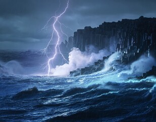 Naklejka premium Powerful lightning strike illuminates a stormy ocean with massive waves crashing against jagged cliffs. This cinematic image captures the raw energy and drama of natures untamed fury.