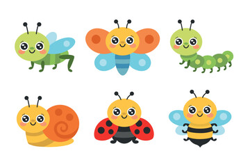 vector insects set for kids including butterfly, bee, ladybug, caterpillar, snail and grasshopper. Flat vector bug characters perfect for nursery decor, worksheets, flashcards and preschool lear © boyusya