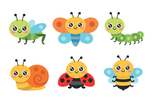 vector insects set for kids including butterfly, bee, ladybug, caterpillar, snail and grasshopper. Flat vector bug characters perfect for nursery decor, worksheets, flashcards and preschool lear