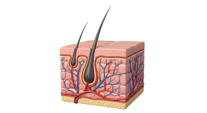 Anatomy of human skin with hair follicles and blood vessels visible