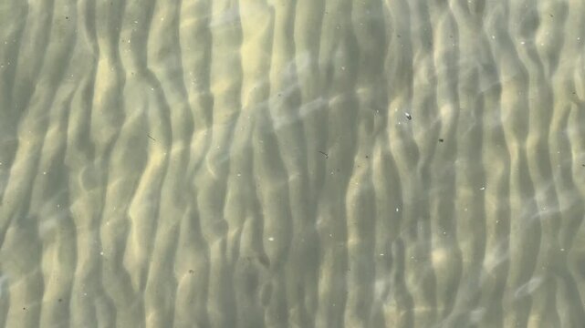 abstract close-up of wave-formed sand ripple patterns seen through crystal-clear shallow coastal water