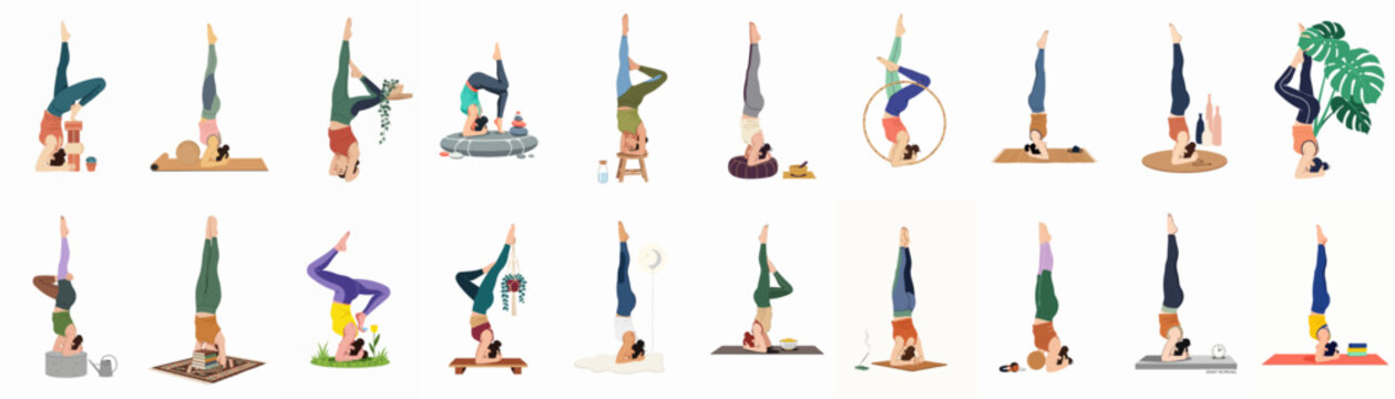 Large collection of flat vector illustrations depicting women practicing diverse yoga headstands and inversions in various indoor and outdoor settings with different props.
