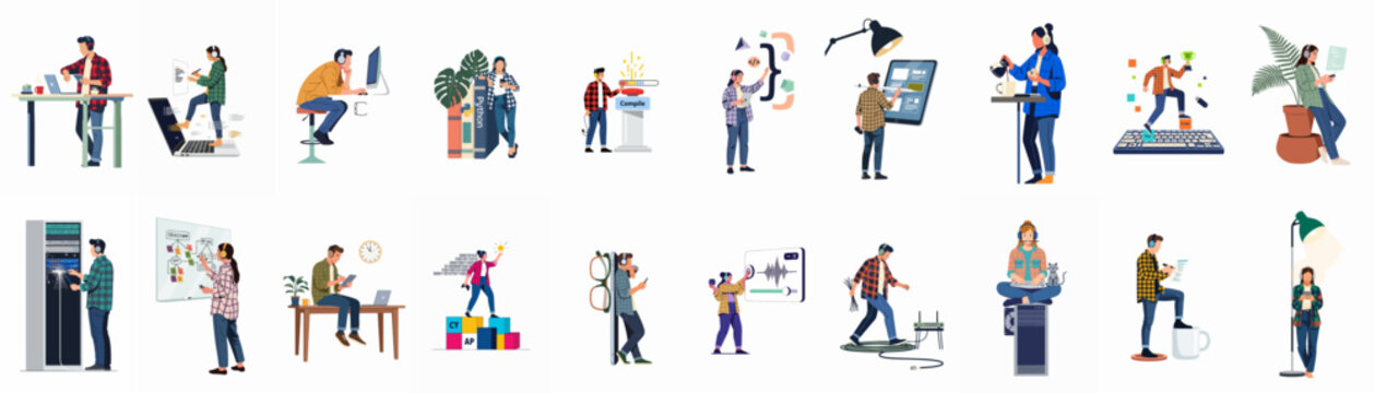 Comprehensive collection of flat vector illustrations depicting diverse IT professionals, software developers, and web designers working in modern technology environments.
