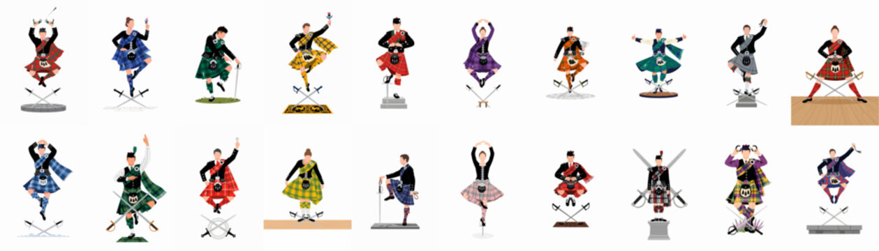 Collection of flat vector illustrations depicting traditional Scottish Highland dancers in various poses and colorful kilts, including the iconic sword dance.