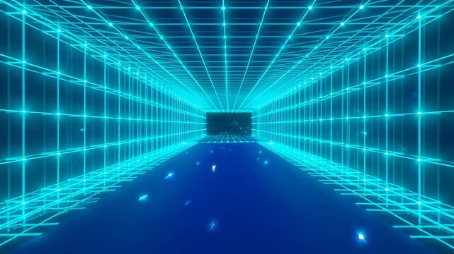 Neon grid tunnel with glowing cyan wireframe walls and reflective floor, futuristic corridor perspective vanishing point, glowing turquoise wireframe depth and motion with atmospheric light streaks