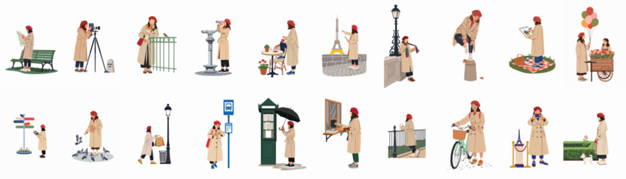 Set of vector illustrations showing a woman in a trench coat and red beret enjoying various tourist activities and lifestyle moments in Paris.