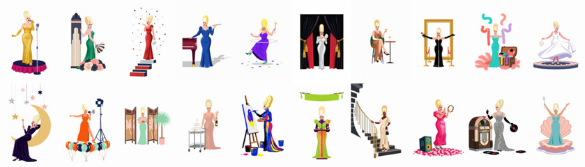 Fototapeta premium Comprehensive collection of vibrant drag queen illustrations showcasing various glamorous performances, hobbies, and artistic activities in a retro-inspired fashion style.
