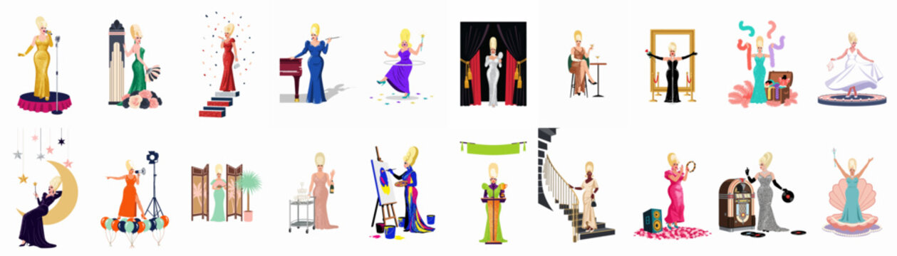 Comprehensive collection of vibrant drag queen illustrations showcasing various glamorous performances, hobbies, and artistic activities in a retro-inspired fashion style.