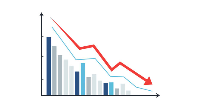 A declining graph trend shows statistics decreasing over time with a downward arrow.
