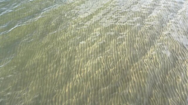 abstract close-up of wave-formed sand ripple patterns seen through crystal-clear shallow coastal water