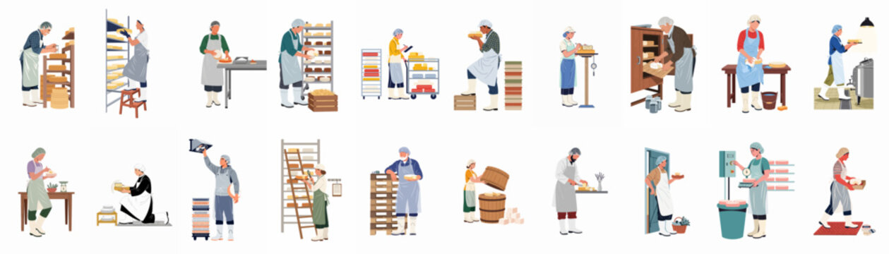 Set of flat vector illustrations depicting professional workers in various stages of the cheese production process in a dairy factory or creamery.