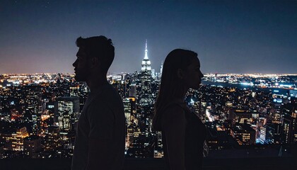 Obraz premium Silhouetted couple stands backtoback against a glowing city skyline at night. This cinematic shot captures urban isolation and romantic tension, perfect for emotional or modern ads.