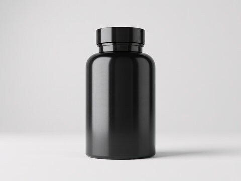 A sleek black plastic bottle with a screw-on cap stands alone on a plain white background, casting a subtle shadow.