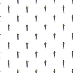 Fototapeta premium Repeating illustration of men in green shirts and grey pants pointing, creating a seamless background