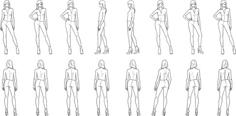 Fototapeta premium Female fashion figure croquis templates featuring multiple poses from front side and back views for garment design and illustration.