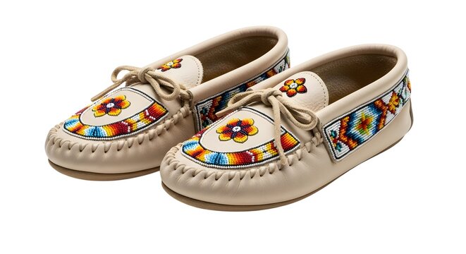 Beige leather moccasin shoes with colorful floral beaded designs isolated on white background
