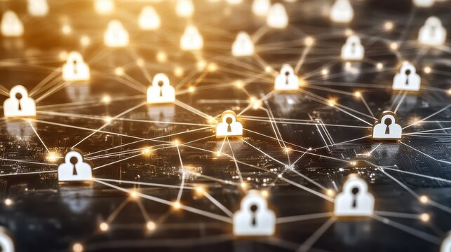 Abstract glowing digital network with lock icons representing secure online connections and data protection.
