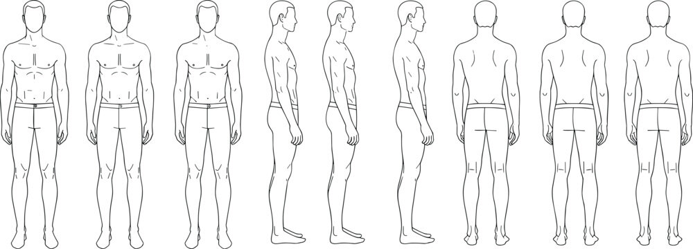 Male fashion figure croquis templates featuring front side and back views for garment design and technical fashion illustration.