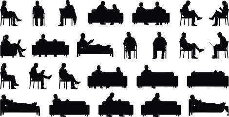 Obraz premium Sitting and reclining people silhouettes vector set featuring men and women in various relaxed and professional poses for architectural visualization.