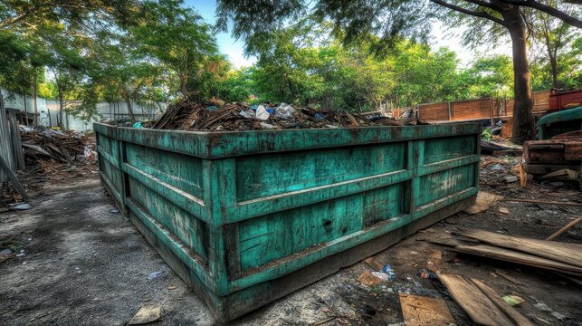 A large, weathered green construction dumpster overflowing with debris at an urban building site under soft light