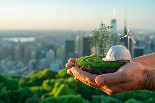 Hands Holding Green Earth Concept with Wind Turbine and Hard Hat for Sustainable Urban Development
