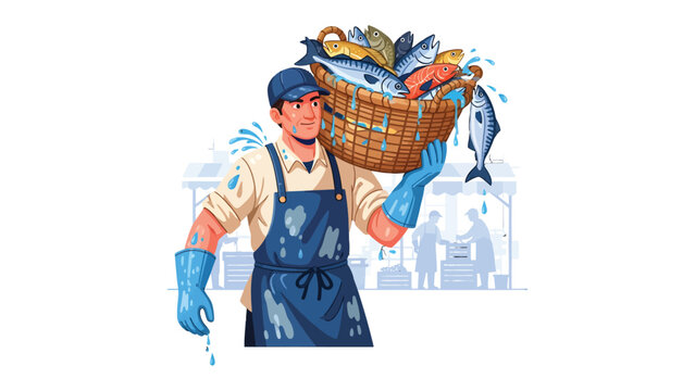 Fishmonger's Bounty: A dedicated fishmonger carries a brimming basket of freshly caught fish, representing the fruits of his labor and the essence of the seafood trade. 
