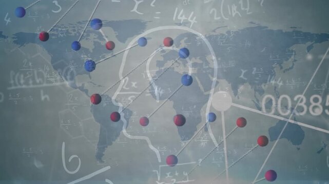 Animation of dna, human profile and scientific data processing on grey background