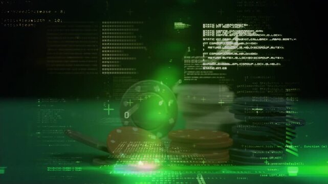 Animation of data processing and binary coding over casino chips