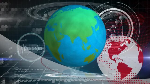 Animation of molecules, scientific data and globe on black background