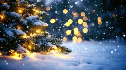 Fototapeta premium Christmas tree adorned with warm twinkling lights in a snowy winter wonderland with soft bokeh background