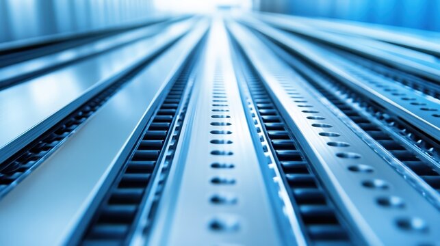 Abstract industrial production line with shallow depth of field and studio lighting showcasing intricate details