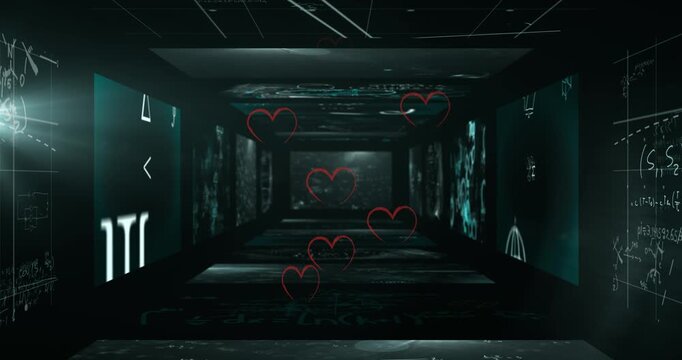 Multiple heart icons floating against multiple screens with data processing