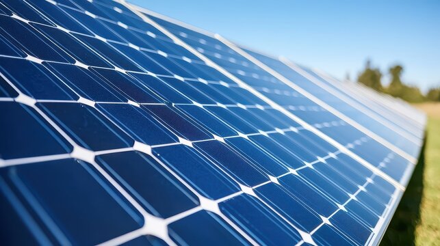 Close up of solar panels on a clear blue sky, representing sustainable energy generation for a greener future