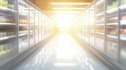 Obraz premium Brightly Lit Supermarket Aisle Filled with Refrigerated Food and Beverages Inviting Shopper Exploration