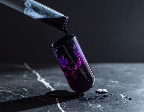 Moody cinematic shot of vibrant purple liquid pouring into a balancing glass vial on dark marble. Ideal for scientific, alchemical, or creative concepts needing a mysterious aesthetic.