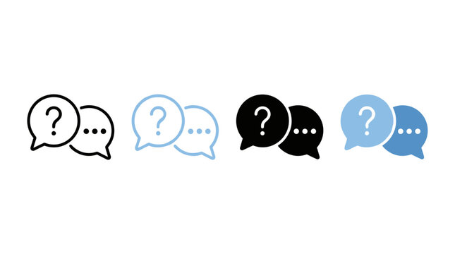 FAQ icon set. Paired speech bubbles with question mark and ellipsis sign. Support and help center sign for messaging and inquiry UI. Answer symbol. Talk pictogram. Communication illustration.
