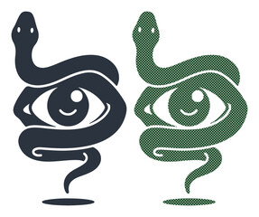 Fototapeta premium Snake Wrapped Around Eye Icons, Serpent and Eye Vector Graphics, Dark and Green Color Schemes, Symbol and Logo Elements
