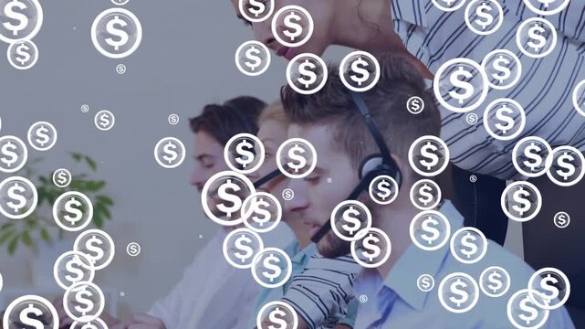 Animation of dollar icons over diverse business people using computer