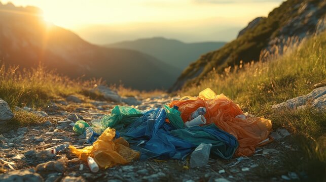 Colorful plastic waste piles mar pristine mountain trail amidst vibrant sunlight and scenic landscape