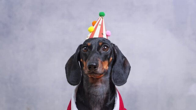 dachshund dog in a striped colorful party hat with pompom decoration sitting against a gray background with a serious curious expression, birthday pet portrait, funny celebration mood, party lifestyle