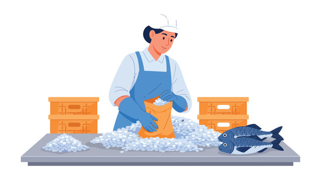 Seafood Processing: A dedicated worker meticulously packages fresh fish with ice at a seafood processing facility. The scene highlights the dedication and care taken in ensuring food safety.