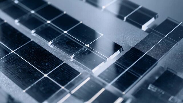 Array of tiny microprocessors on a silicon wafer revealing intricate circuit patterns and metallic contacts, symbolizing advanced computing, ai, and high tech semiconductor innovation