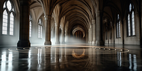Naklejka premium Ethereal stone corridor featuring soft beams of light and mystical golden circular patterns