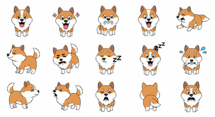 Obraz premium Cute cartoon shiba inu dog showing various emotions and actions 